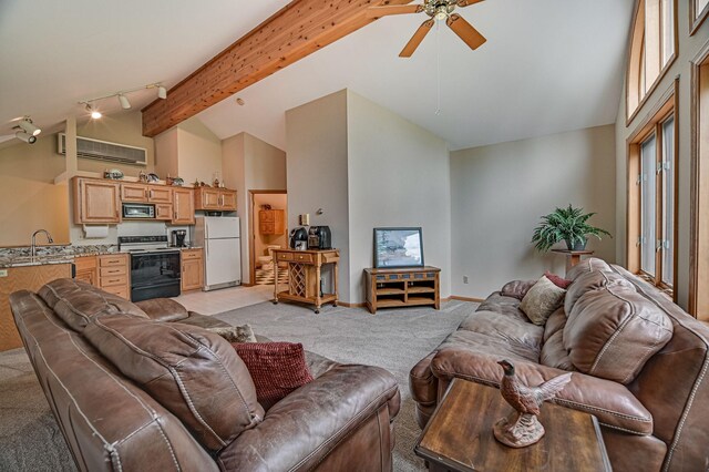 carpeted living room with high vaulted ceiling, sink, beam ceiling, and ceiling fan