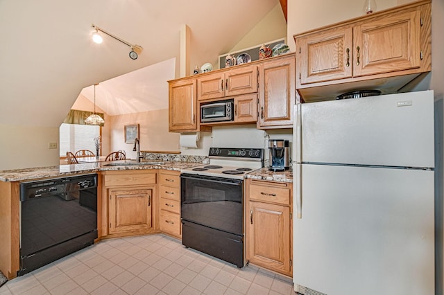 kitchen with white fridge, range with electric stovetop, light stone counters, black dishwasher, and lofted ceiling