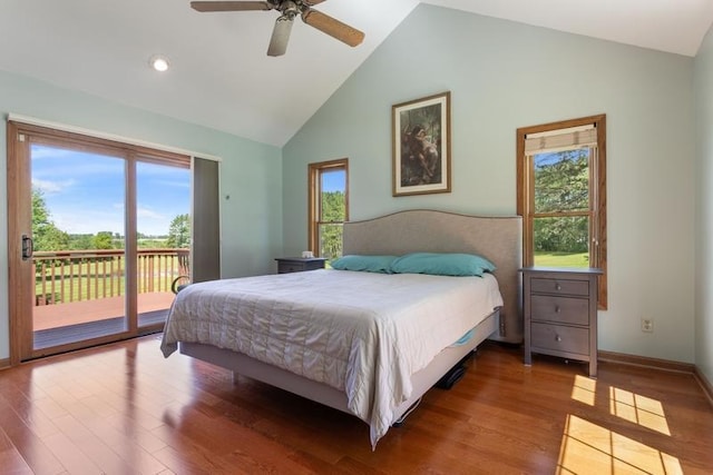 bedroom featuring hardwood / wood-style floors, access to outside, high vaulted ceiling, and ceiling fan