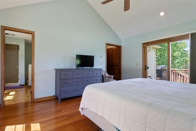 bedroom featuring ceiling fan, high vaulted ceiling, light hardwood / wood-style flooring, and access to outside