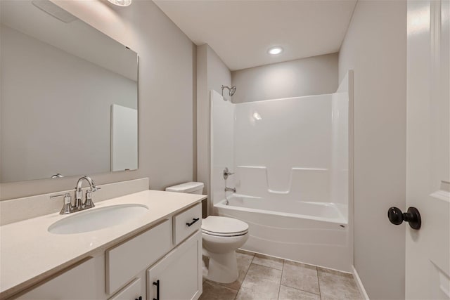 full bathroom featuring shower / tub combination, vanity, toilet, and tile patterned floors