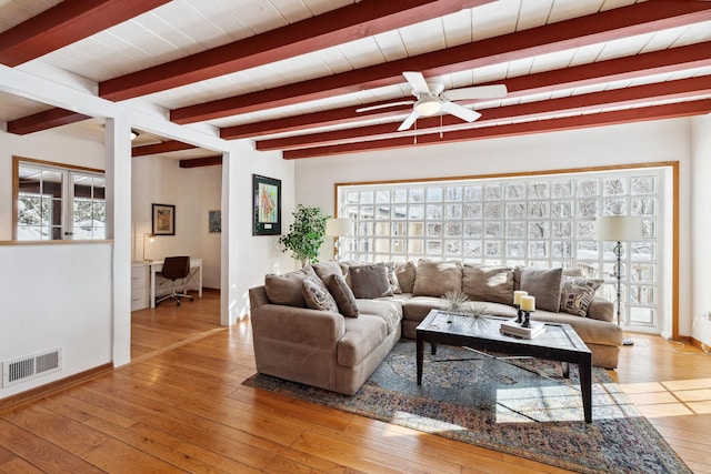 living area featuring visible vents, baseboards, beam ceiling, a ceiling fan, and wood-type flooring