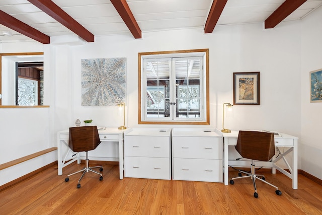 home office with light wood-type flooring, beam ceiling, baseboards, and built in desk