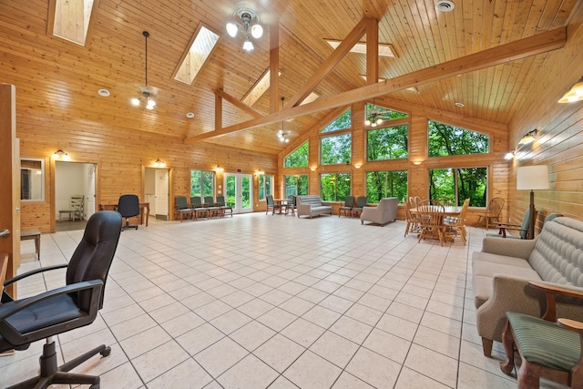 interior space featuring high vaulted ceiling, wooden walls, beamed ceiling, a skylight, and wood ceiling