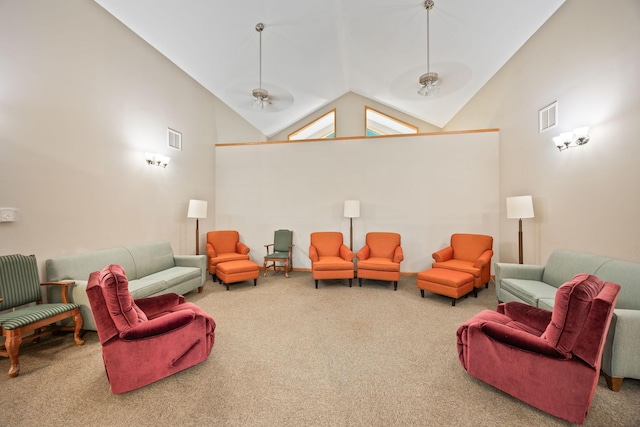 interior space featuring ceiling fan and high vaulted ceiling