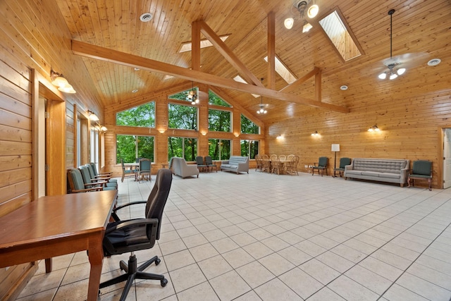 unfurnished office with a skylight, high vaulted ceiling, light tile patterned flooring, wood walls, and wooden ceiling