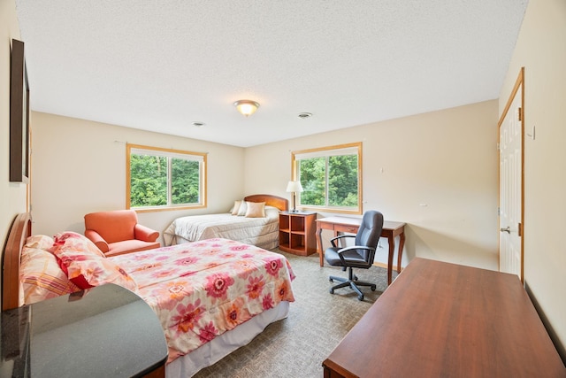 carpeted bedroom with a textured ceiling