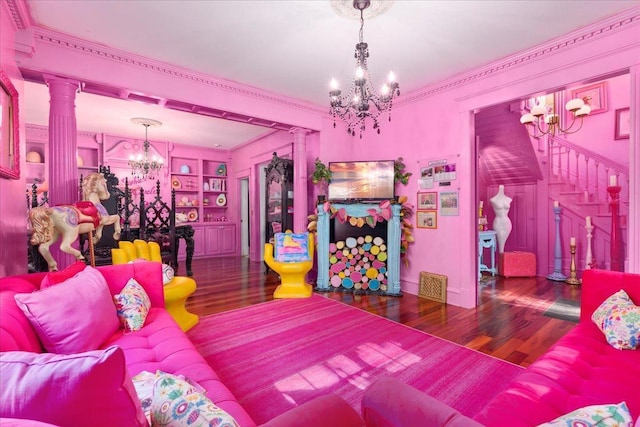 bedroom featuring decorative columns, dark hardwood / wood-style floors, crown molding, and an inviting chandelier