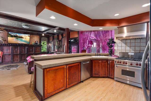 kitchen with tasteful backsplash, light wood-type flooring, stainless steel appliances, sink, and wall chimney exhaust hood