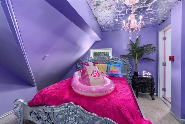 bedroom with lofted ceiling and carpet floors