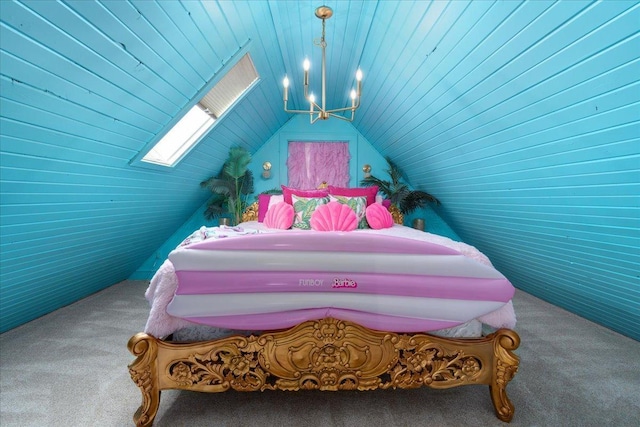 carpeted bedroom featuring lofted ceiling with skylight