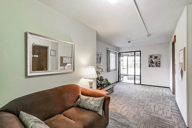 living room featuring light carpet and a textured ceiling