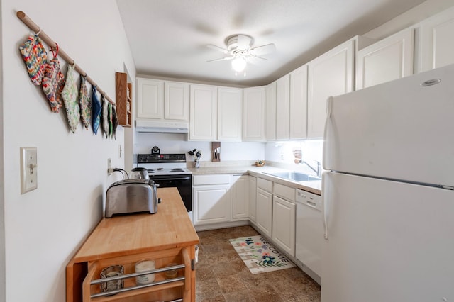 kitchen featuring ceiling fan, white cabinetry, white appliances, and sink