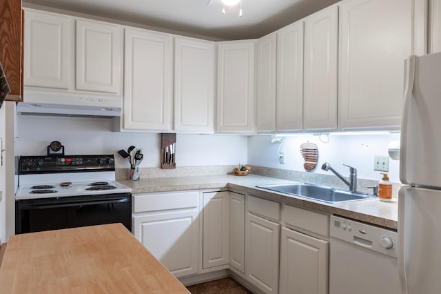 kitchen with white cabinetry, white appliances, and sink