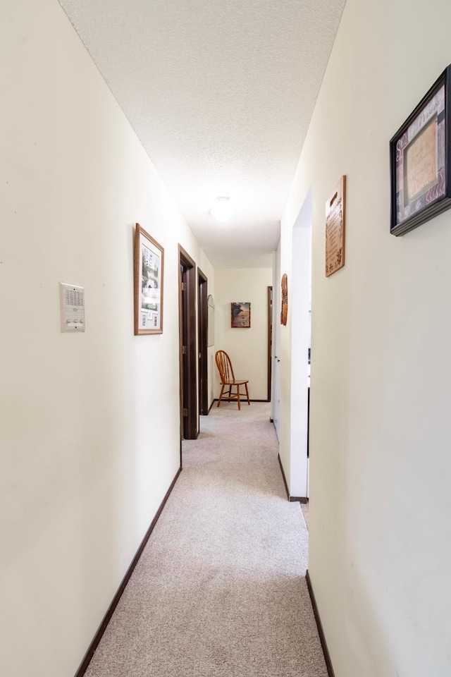 hall with light colored carpet and a textured ceiling