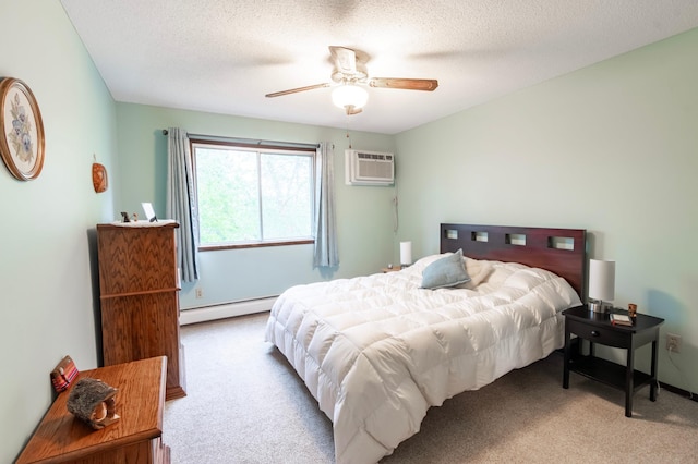 bedroom featuring an AC wall unit, ceiling fan, a textured ceiling, baseboard heating, and carpet floors