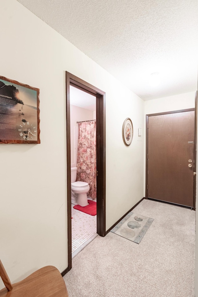 hall featuring light carpet and a textured ceiling