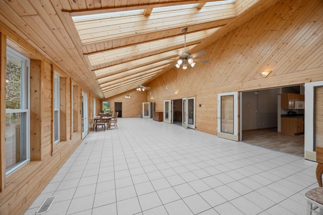 interior space with ceiling fan, wooden ceiling, and vaulted ceiling with skylight