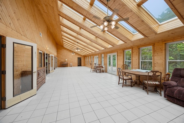 sunroom / solarium with ceiling fan, lofted ceiling with skylight, and wood ceiling