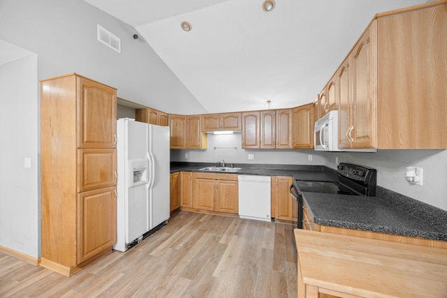 kitchen featuring white appliances, light wood-type flooring, sink, and high vaulted ceiling