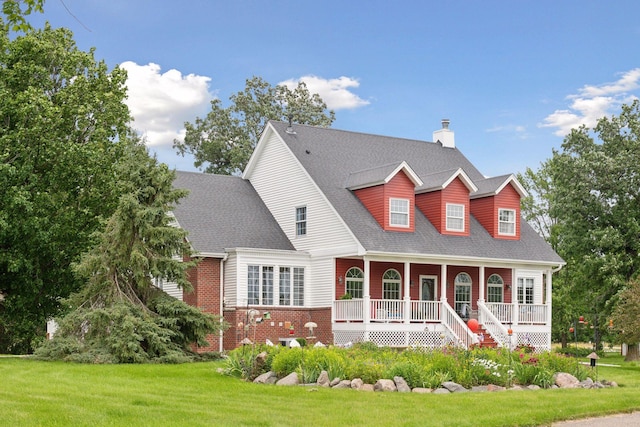 cape cod house featuring a shingled roof, a chimney, covered porch, a front lawn, and brick siding