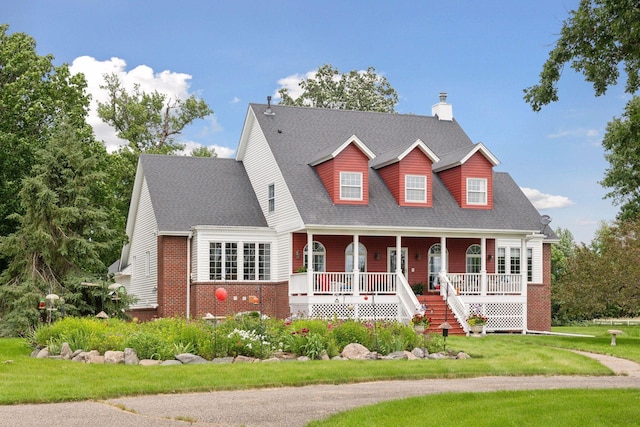 cape cod house featuring a porch, a shingled roof, brick siding, a front lawn, and a chimney