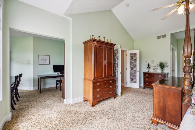 bedroom with baseboards, visible vents, light colored carpet, ceiling fan, and high vaulted ceiling