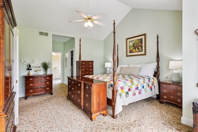 bedroom with lofted ceiling, light colored carpet, visible vents, connected bathroom, and ceiling fan