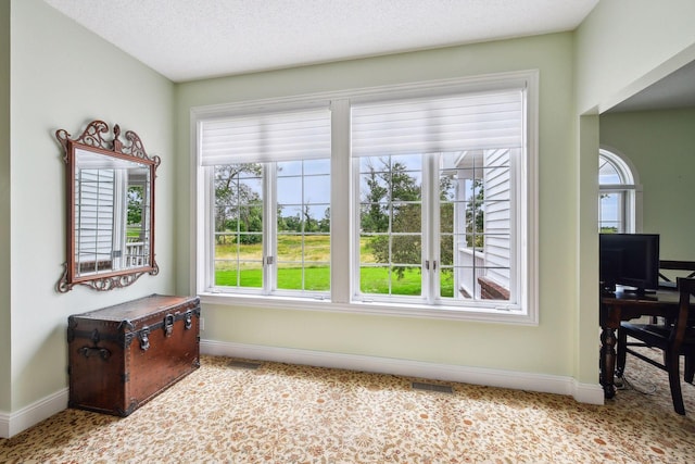 interior space featuring a textured ceiling, carpet, visible vents, and baseboards