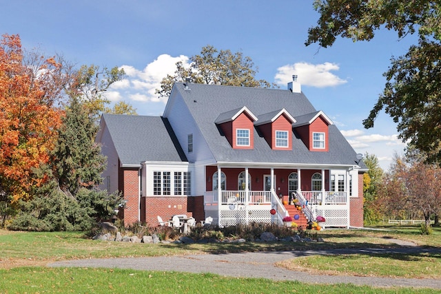 cape cod house with a porch, brick siding, a shingled roof, and a front lawn