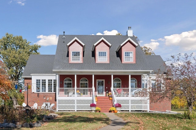 cape cod house featuring a porch, a front lawn, a shingled roof, and brick siding