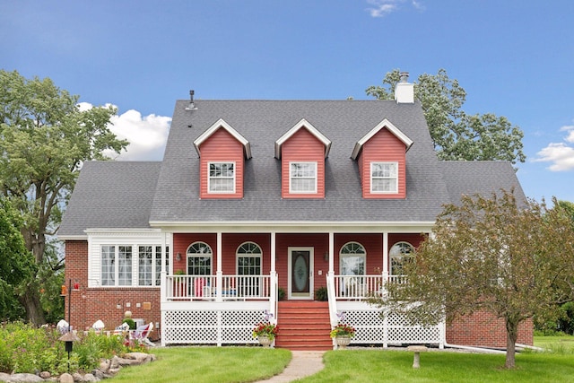 view of front of house with covered porch, brick siding, a front lawn, and roof with shingles