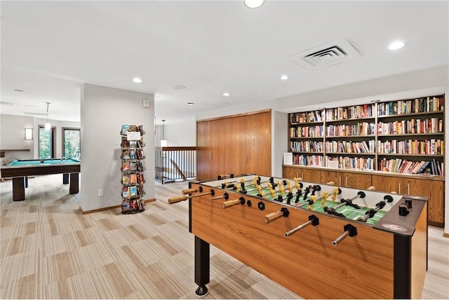 recreation room featuring light carpet and pool table