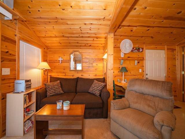 living room featuring wood walls, lofted ceiling, carpet, and wood ceiling