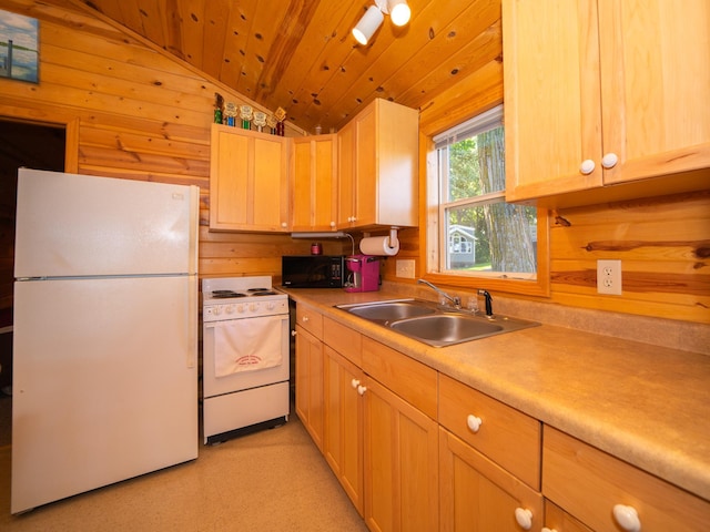 kitchen with white appliances, light brown cabinetry, sink, vaulted ceiling, and wood ceiling