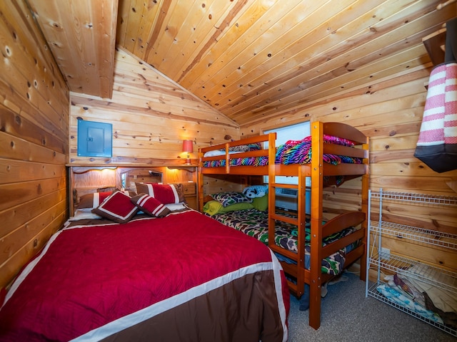 bedroom with lofted ceiling, electric panel, carpet flooring, and wooden ceiling