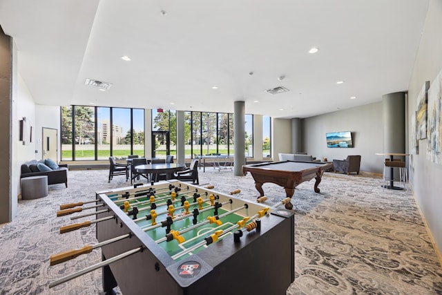 playroom with carpet floors, billiards, and visible vents