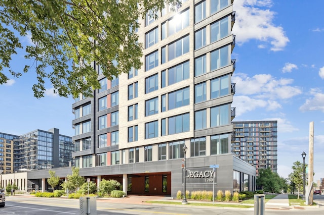 view of building exterior with a city view