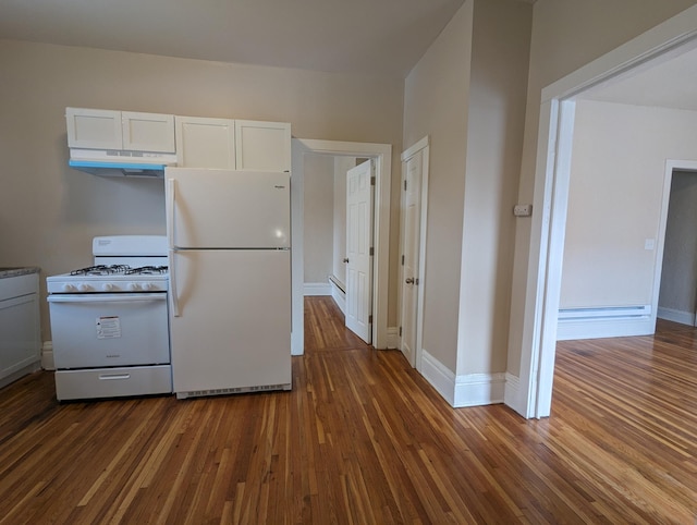 kitchen with white appliances, dark wood-style floors, baseboards, white cabinets, and under cabinet range hood