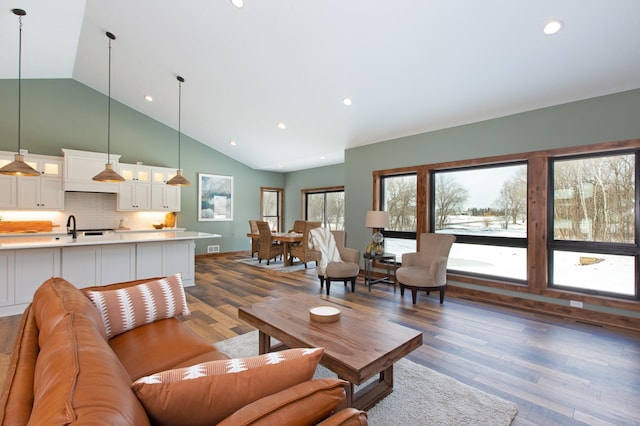 living room with dark hardwood / wood-style floors, sink, and high vaulted ceiling