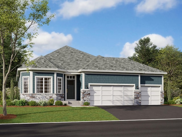 view of front of property with driveway, roof with shingles, an attached garage, a front lawn, and stone siding