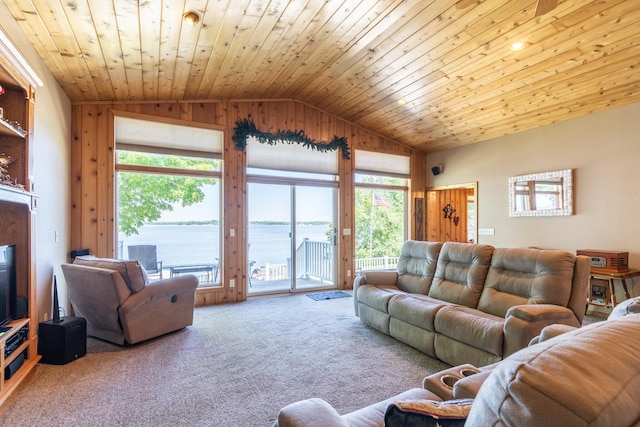 living room featuring carpet flooring, wooden ceiling, lofted ceiling, and a water view