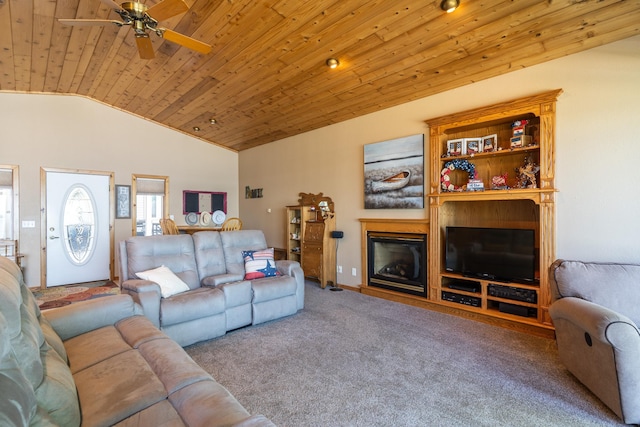 carpeted living room featuring wooden ceiling, lofted ceiling, and ceiling fan