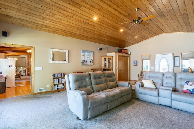 living room with light carpet, ceiling fan, lofted ceiling, and wooden ceiling