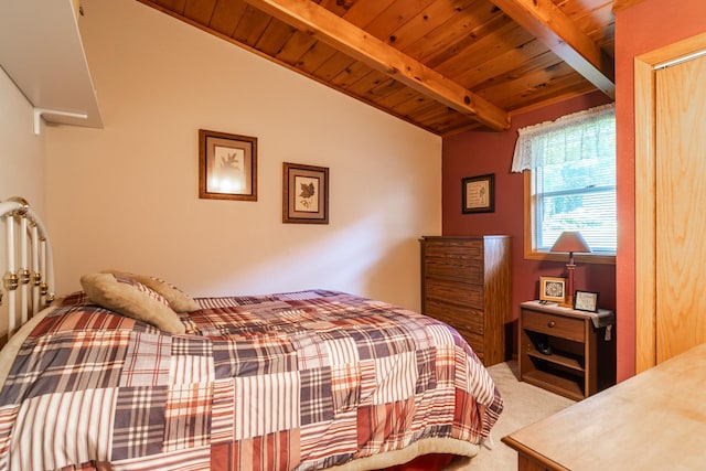 bedroom featuring lofted ceiling with beams, carpet, and wood ceiling