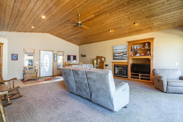 living room with ceiling fan, lofted ceiling, light colored carpet, and wood ceiling