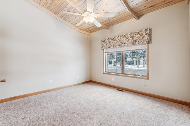 empty room with lofted ceiling with beams, ceiling fan, carpet flooring, and wood ceiling