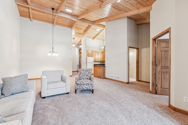 living room featuring high vaulted ceiling, beamed ceiling, a notable chandelier, wood ceiling, and light carpet