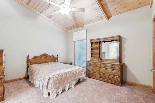 bedroom featuring light carpet, wood ceiling, lofted ceiling with beams, and ceiling fan