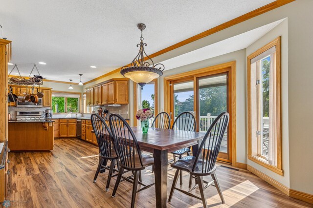 dining room with light hardwood / wood-style flooring, a textured ceiling, and ornamental molding